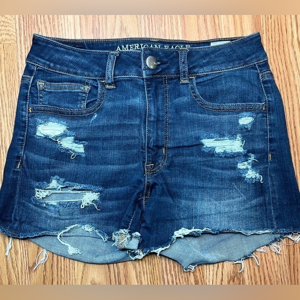 American Eagle Super Stretch Hi-Rise Shortie Ripped Distressed Denim Shorts